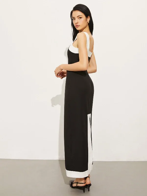 contrast-trim-sleeveless-long-dress