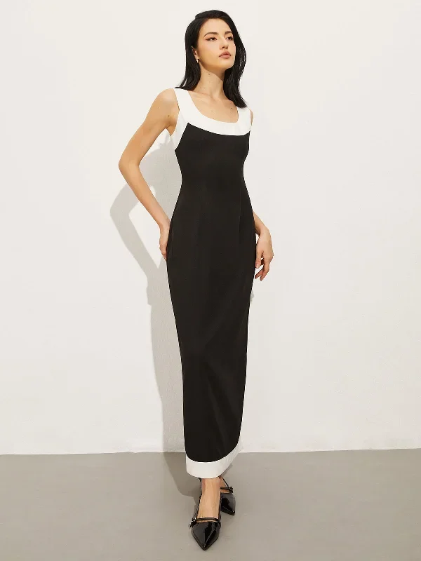 contrast-trim-sleeveless-long-dress