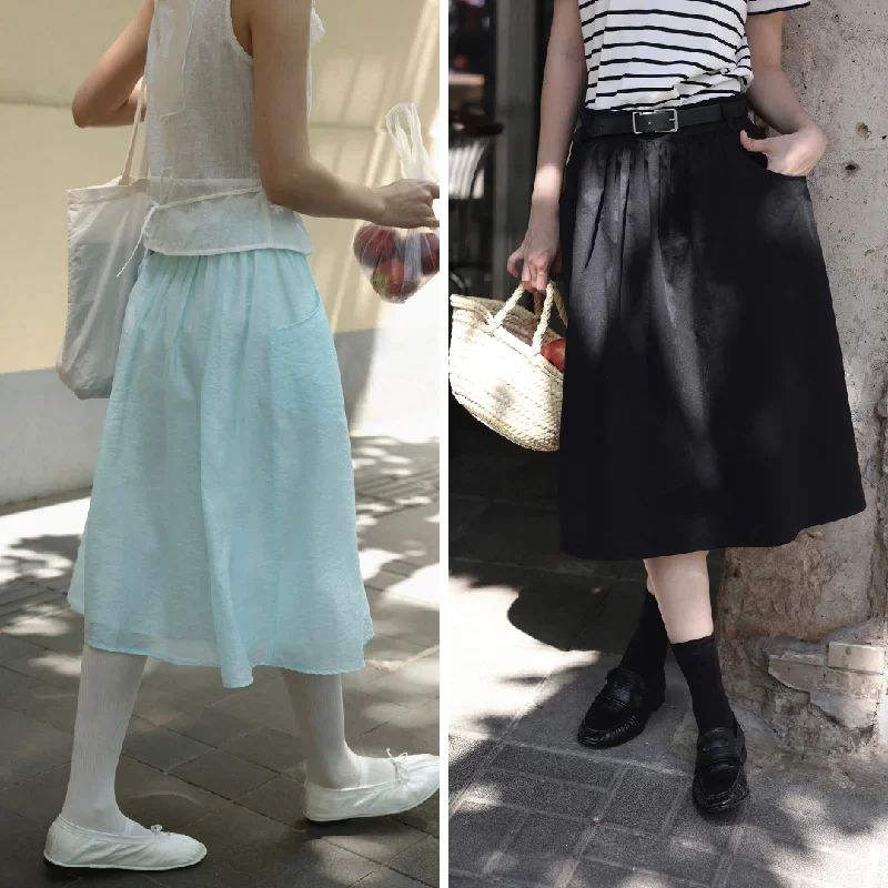 Light Blue and Black Flared Skirt