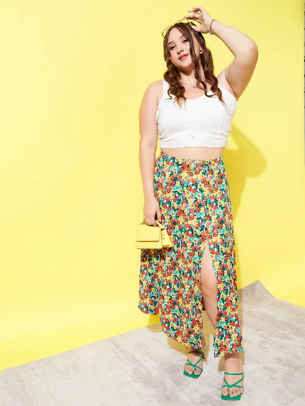 Berrylush Women Plus Size Red, Yellow, & Green Floral Printed Crepe Slip-On Thigh-High Slit Flared A-Line Midi Skirt