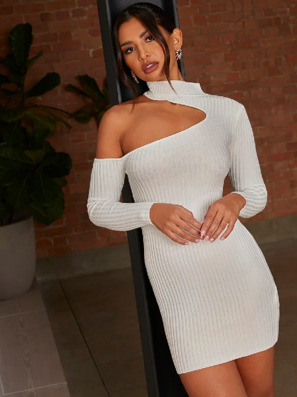 Cut-Out Long Sleeve Knitted Rib Dress in White