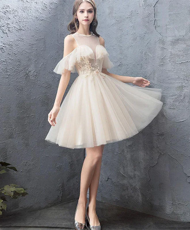 Cute Round Neck Tulle Champagne Short Prom Dress, Homecoming Dress