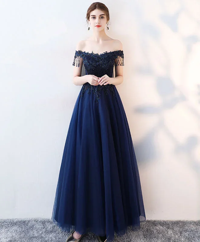 Dark Blue Tulle Beaded Long Prom Dress, Blue Evening Dress