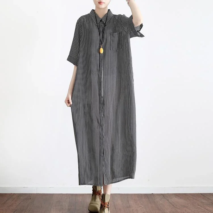 Dark Gray Striped Linen Dresses Plus Size Casual Silk Sundress Short Sleeve Shirt Maxi Dress