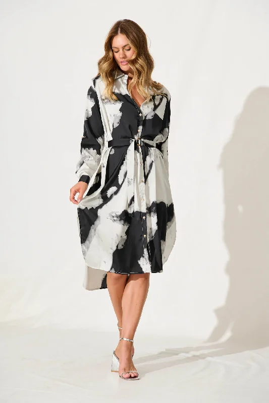 Dayside Midi Shirt Dress In Black And Grey Watercolour Satin