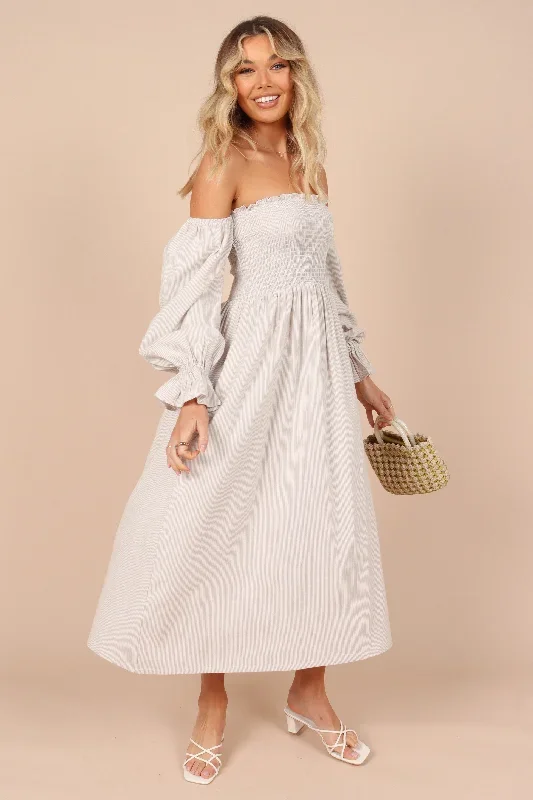 domenica-shirred-long-sleeve-midi-dress-beige-stripe