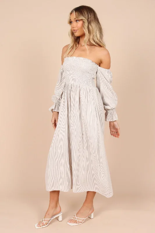 domenica-shirred-long-sleeve-midi-dress-beige-stripe