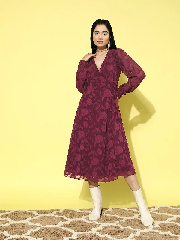 Berrylush Women Maroon Floral Pattern V-Neck Bishop Sleeves Jacquard Layered Wrap Midi Dress