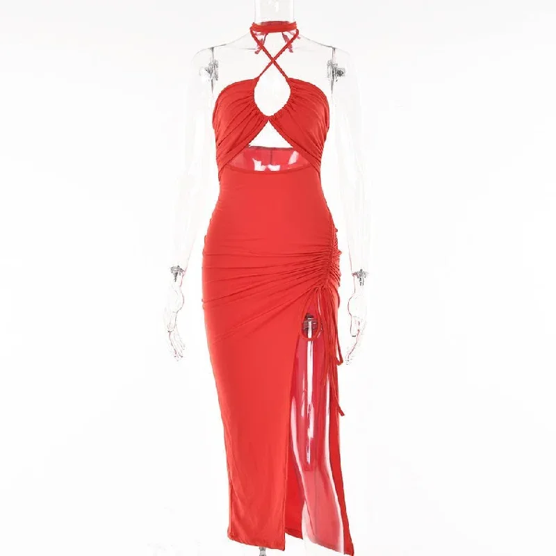 drawstring-halter-self-tie-backless-slit-hollow-out-ruched-midi-dress