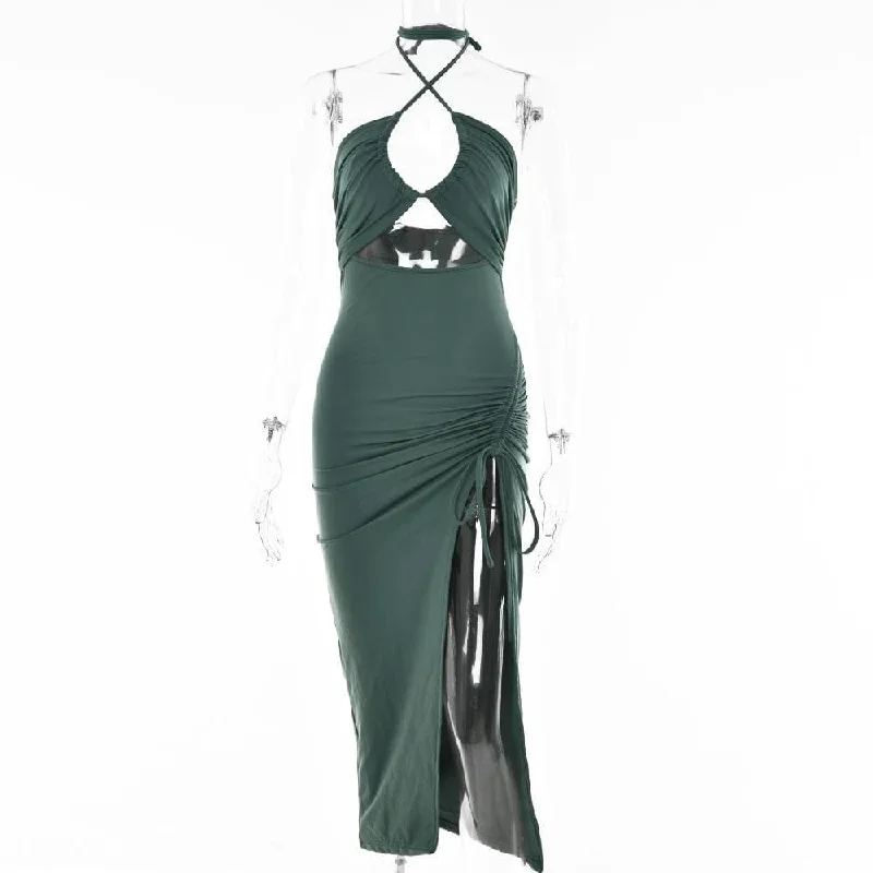 drawstring-halter-self-tie-backless-slit-hollow-out-ruched-midi-dress