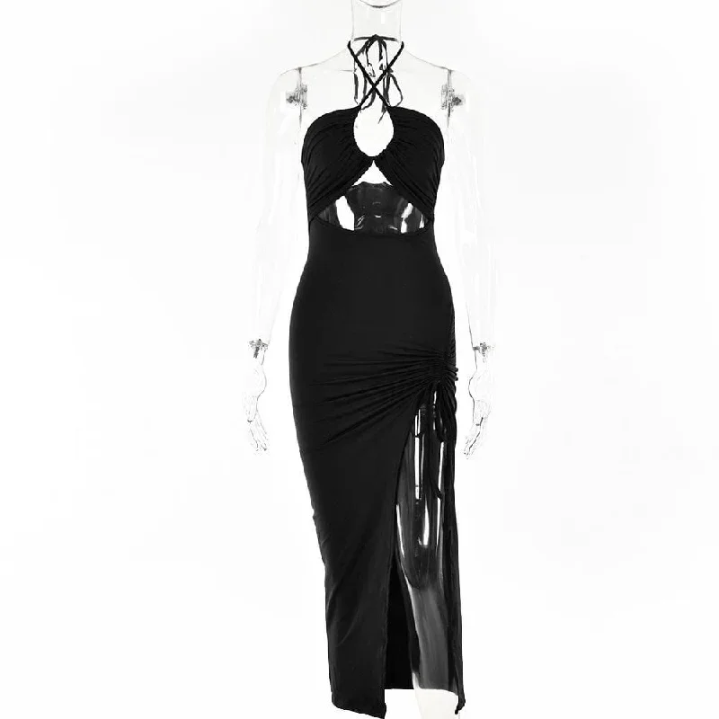 drawstring-halter-self-tie-backless-slit-hollow-out-ruched-midi-dress