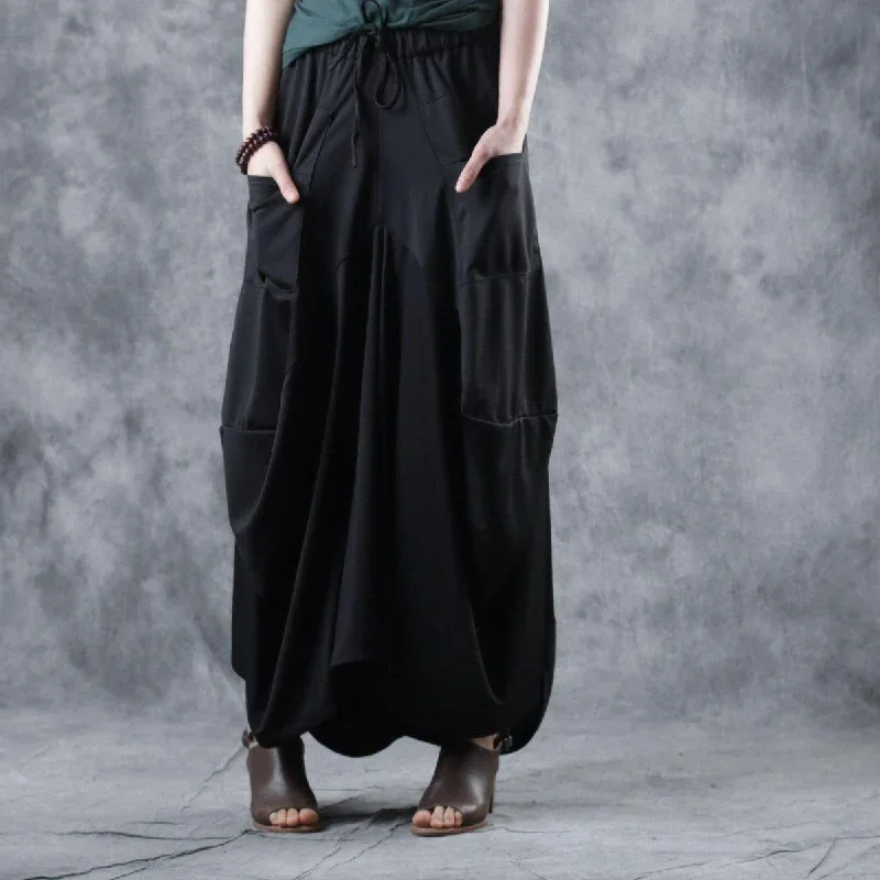 Elegant black cotton clothes Women elastic waist asymmetric Maxi summer skirt