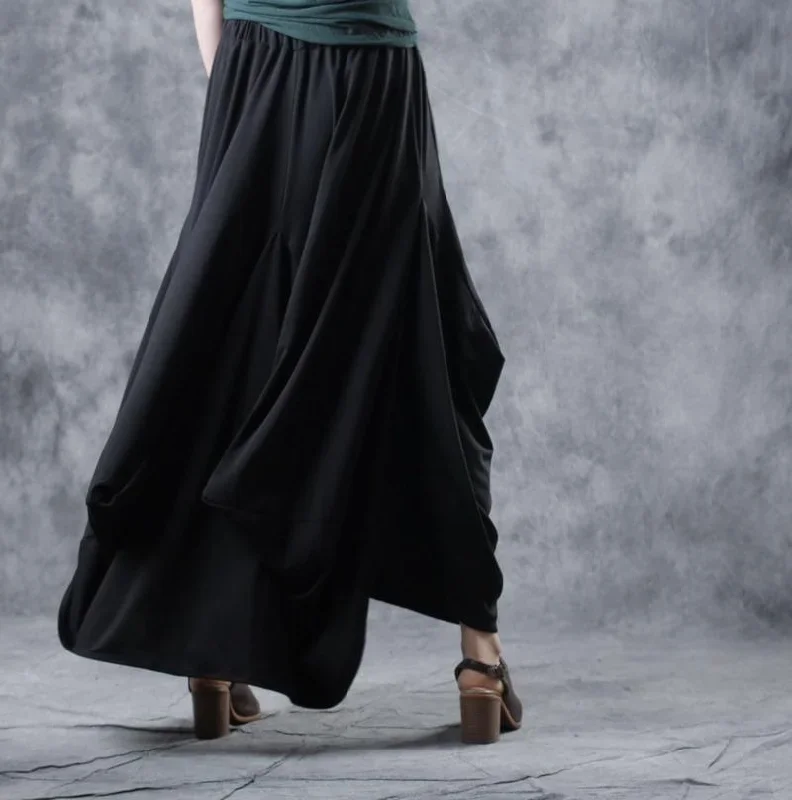 elegant-black-cotton-clothes-women-elastic-waist-asymmetric-maxi-summer-skirt