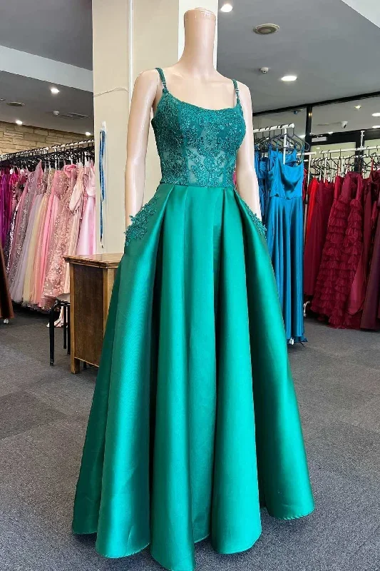 Emerald Green Scoop Neck A-Line Prom Dress with Pockets