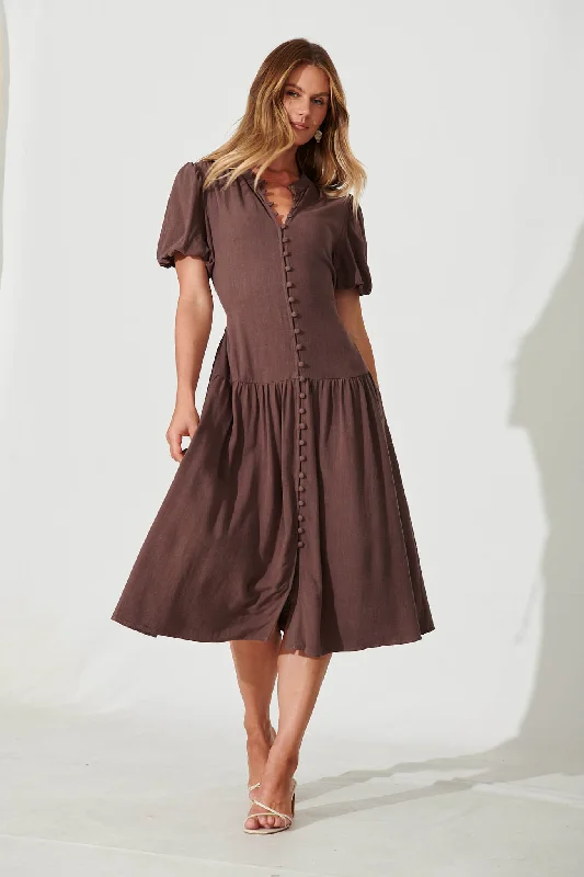 Everyday Midi Dress In Mocha Linen Blend