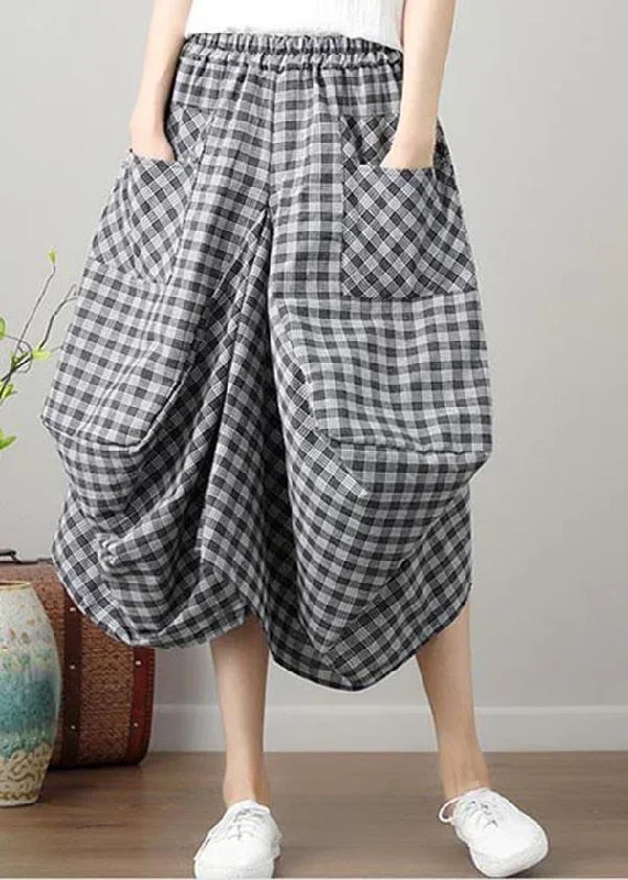 fashion-black-plaid-cotton-linen-lantern-skirts-summer