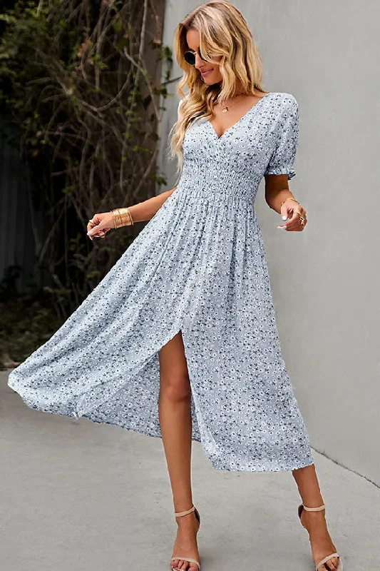 Fashion V Neck Smocked Chest Floral Print Maxi Dress