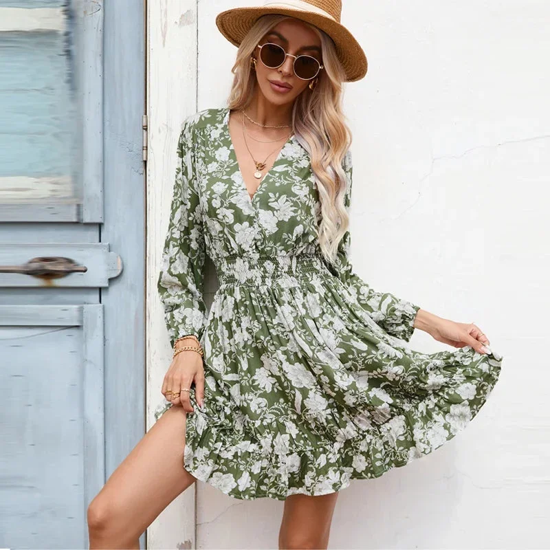 FashionSierra-Cotton Rayon  Floral Print  Mini  Women  Robe  Casual  Deep V Neck  Long Sleeve  Shirred Waist  Ruffles Boho Dress