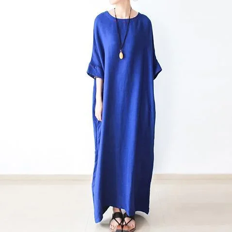 Fine royal blue linen dresses oversize cotton caftans long maxi dress