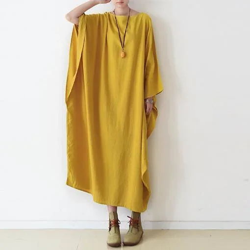 Fine Yellow Cotton Maxi Dress Plus Size Casual Caftans Batwing Sleeve Linen Gowns ( Limited Stock)