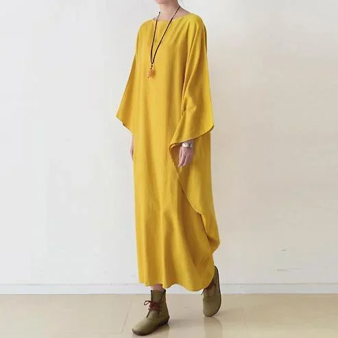 fine-yellow-cotton-maxi-dress-plus-size-casual-caftans-batwing-sleeve-linen-gowns