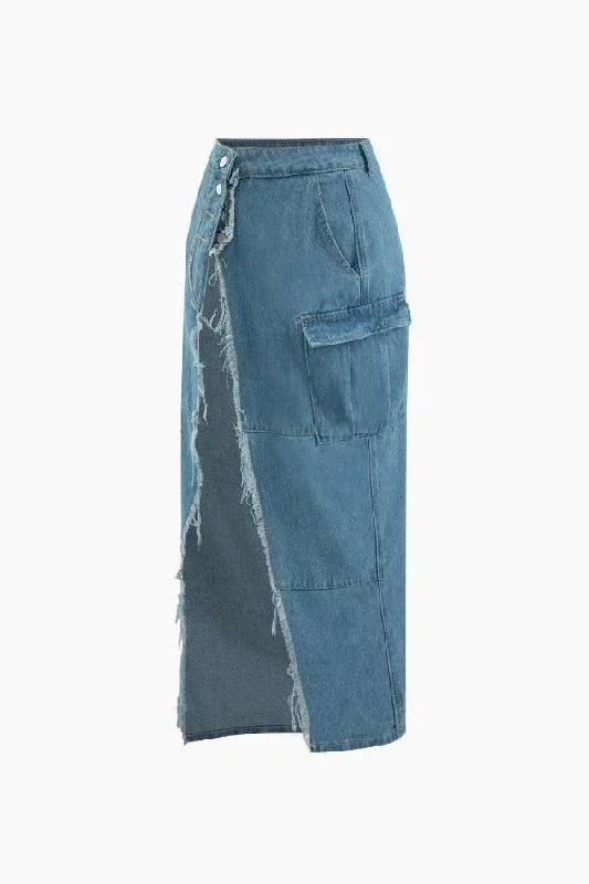 Flap Pocket Frayed Denim Slit Skirt