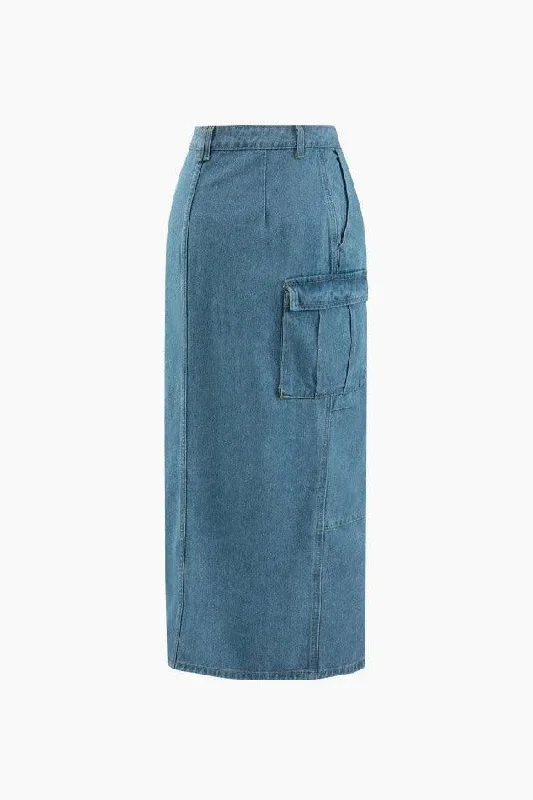 flap-pocket-frayed-denim-slit-skirt