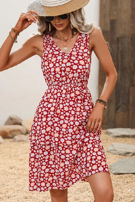 Floral Print Sleeveless Ruffled Dress