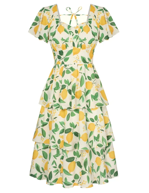 Fruit Print Square Neck Tiered Ruffle Dress 2023 Summer Vintage A-line Swing Midi Dress