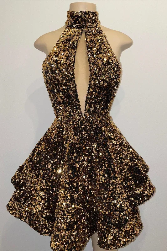 Gold Sequin Halter Keyhole A-Line Short Homecoming Dress