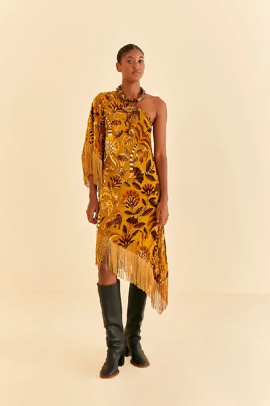 Golden Yellow Velvet One Shoulder Fringe Dress