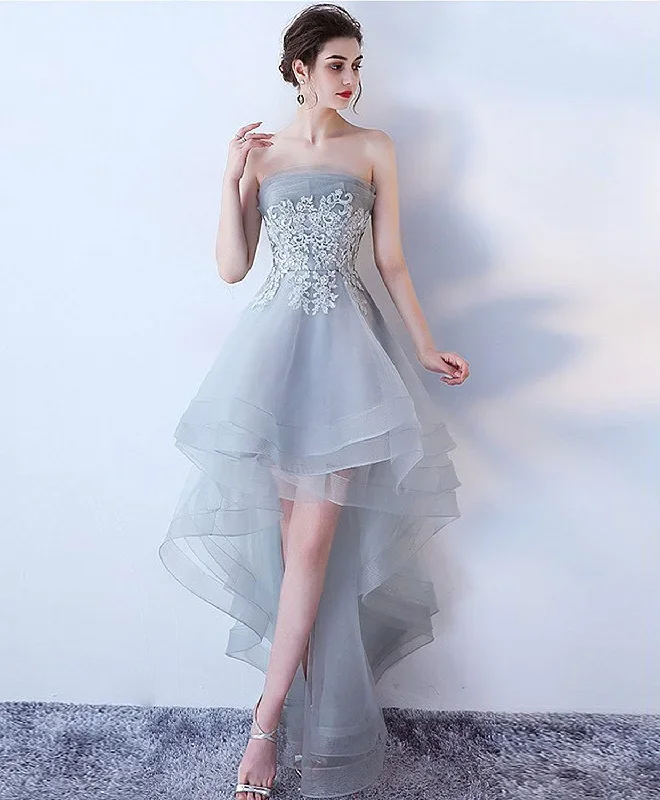 Gray Tulle Lace High Low Prom Dress, Cute Homecoming Dress