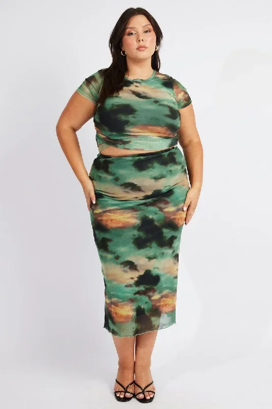 Green Abstract Mesh Bodycon Long Skirt