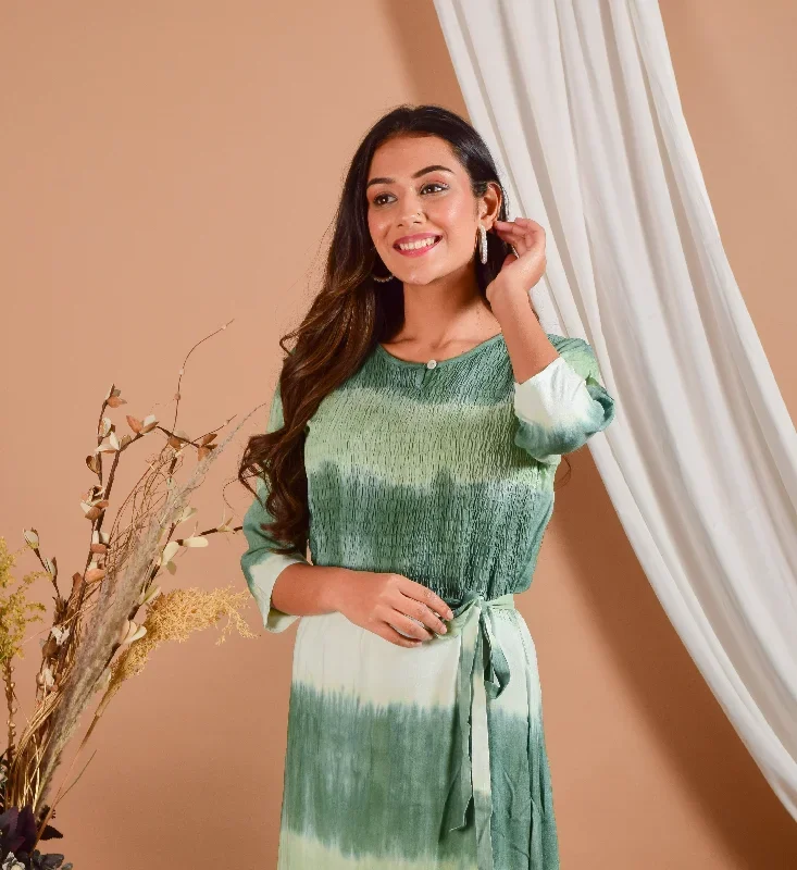 Green Tie Dye Rayon Midi Dress With Tie-up Closure