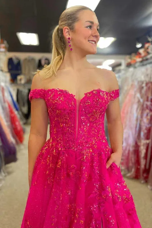 hot-pink-off-the-shoulder-sweep-lace-dress-with-appliques