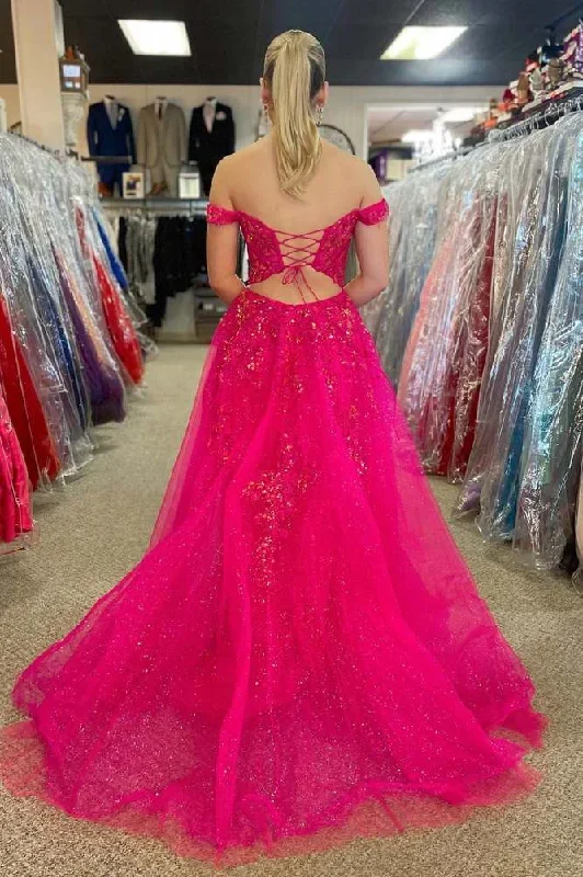 hot-pink-off-the-shoulder-sweep-lace-dress-with-appliques