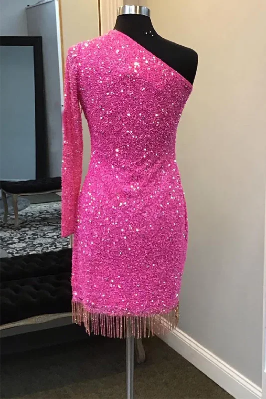 hot-pink-one-shoulder-cutout-long-sleeve-short-homecoming-dress-with-tassel