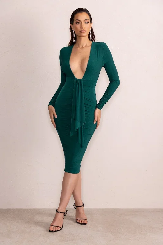 inspirational-bottle-green-plunge-neck-long-sleeves-ruched-midi-dress-with-drape-detail-cl127628047