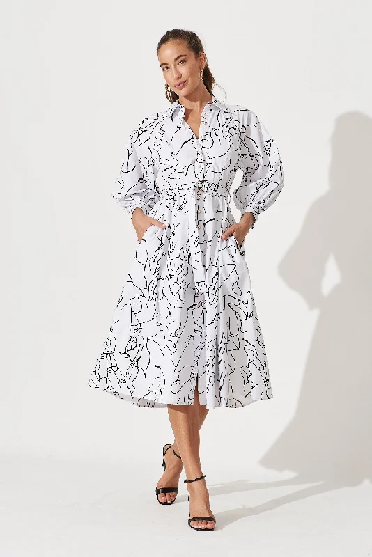 Jenna Midi Shirt Dress In White And Black Print Cotton