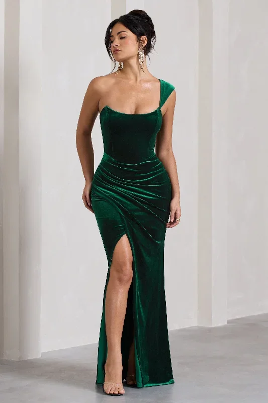 jessica-bottle-green-velvet-one-shoulder-corset-style-wrap-maxi-dress-cl128023047