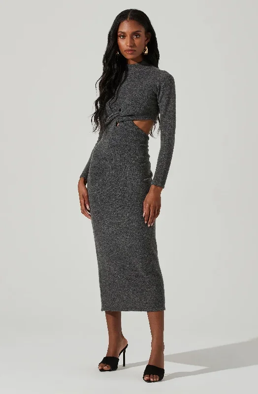 Kenna Mock Neck Twist Front Cutout Midi Dress