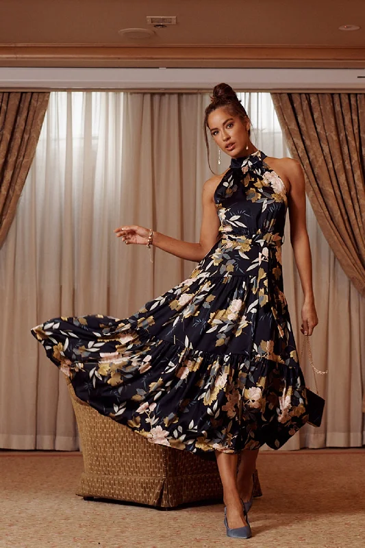 Khalo Maxi Dress In Navy Floral Satin