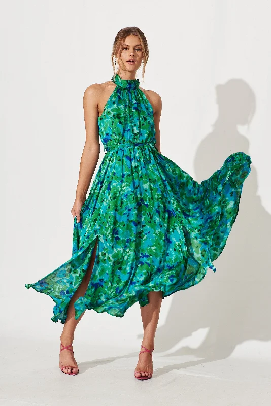 Kiss Me Halter Neck Maxi Dress In Green Watercolour Print