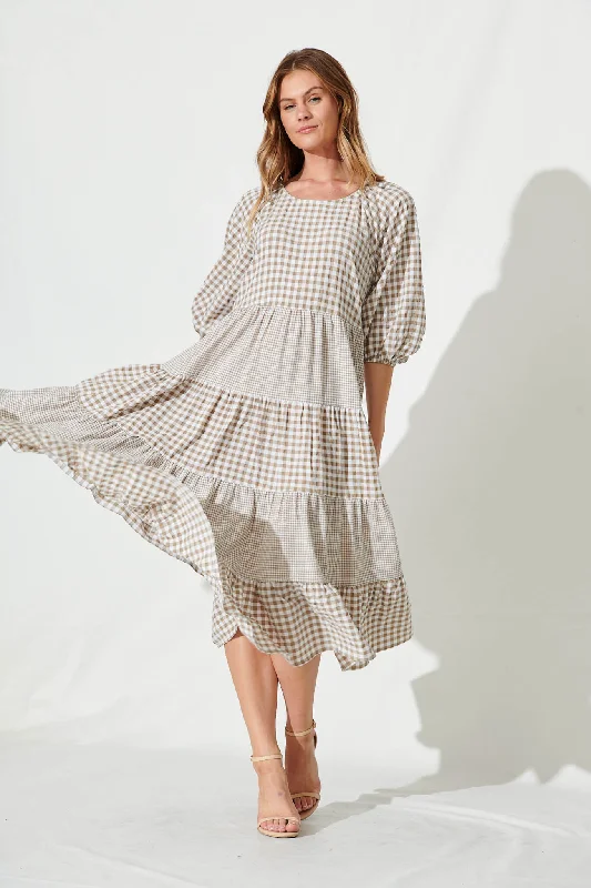 Kitty Midi Smock Dress In Beige Gingham Check