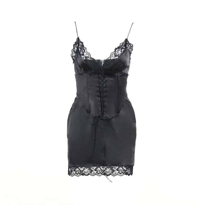 lace-hem-solid-v-neck-lace-up-corset-sleeveless-mini-dress