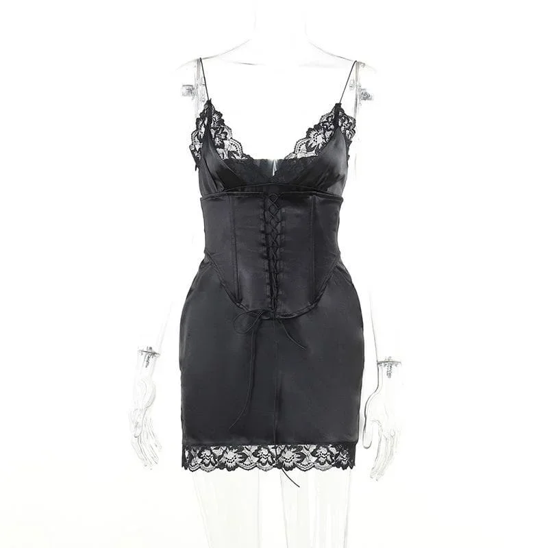 lace-hem-solid-v-neck-lace-up-corset-sleeveless-mini-dress