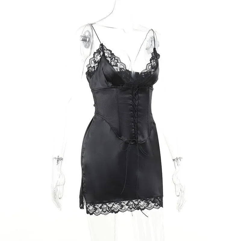 lace-hem-solid-v-neck-lace-up-corset-sleeveless-mini-dress