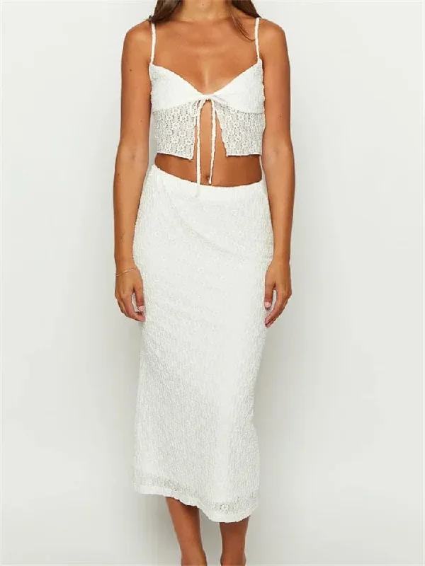 JuliaFashion - Lace Sleeveless V-neck Tops Long Skirts Beachwear Suits