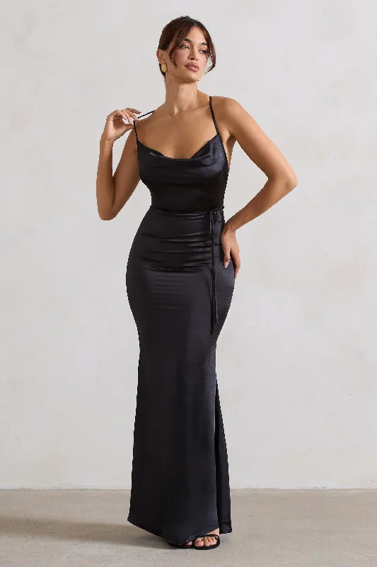 Lifetime | Black Satin Cowl Neck Maxi Dress With Cross Back Detail