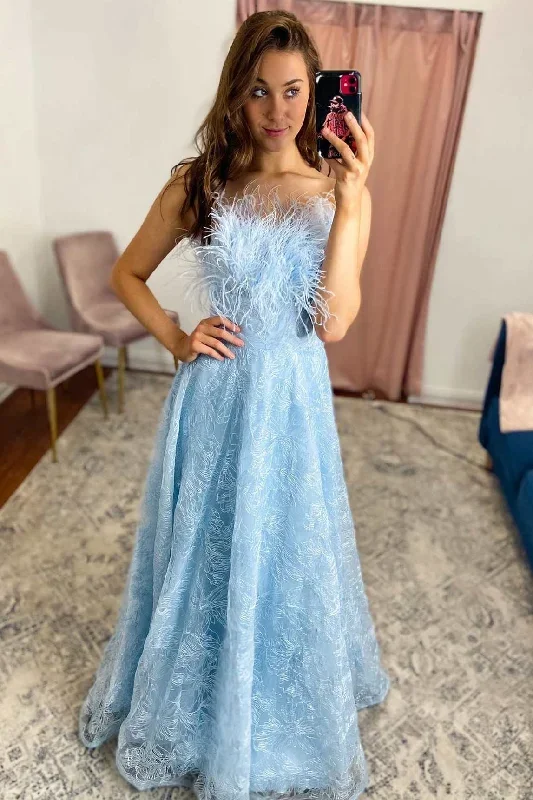 Light Blue Feathers Lace Strapless A-Line Prom Dress